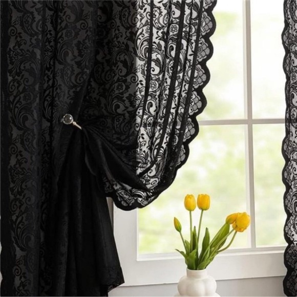 Black Lace Curtains 63 inches Length Elegant Vintage Floral Sheer Curtain Panels - Picture 4 of 7